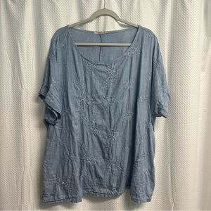 Elegant Light Blue Floral 100% Linen Embroidered Blouse Classic 3X